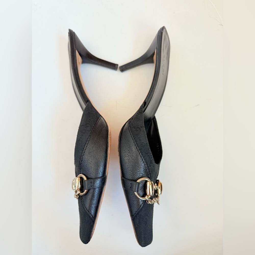 Gucci Vintage Black GG Canvas Leather Chain Horsebit Mule Heels 9.5 - Picture 4 of 9